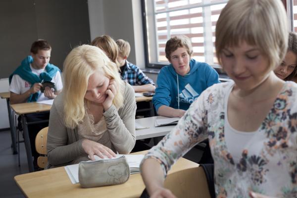 Opiskelijat istuvat luokassa pulpetin ääressä