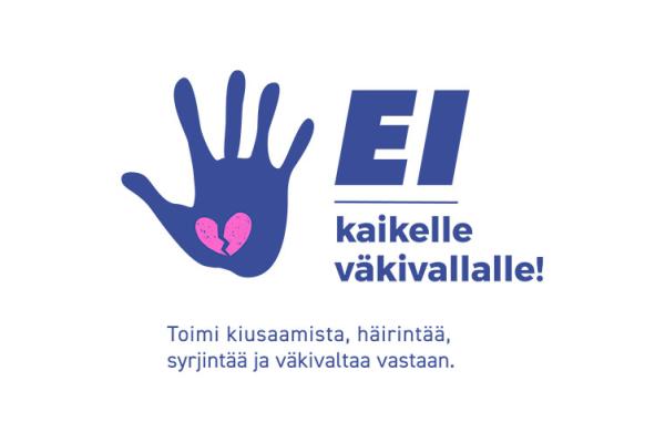 Ei kaikelle väkivallalle -tunnus, jossa on kuva piirretystä kädestä, jonka sisällä on haljennut sydän.