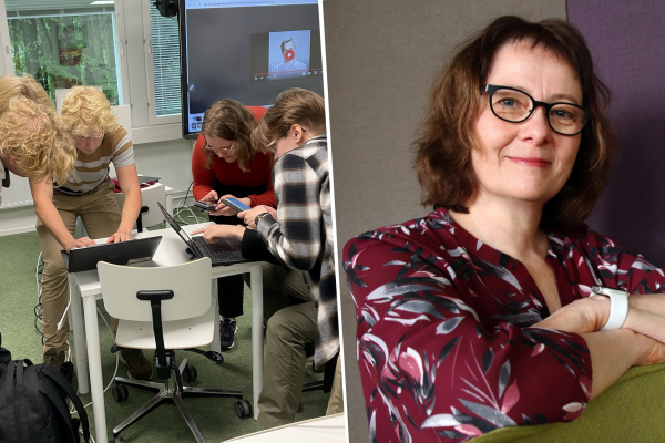 Yhdistetty valokuva, jossa toisella puolella Otaniemen lukion oppilaita ja toisessa Katalin Miklóssy.