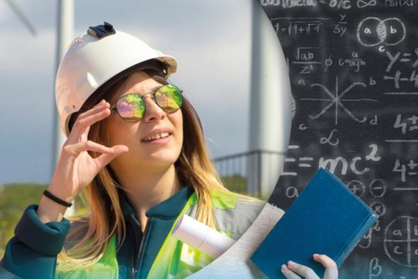 A construction student is wearing a high-visibility vest and helmet, holding a book in her hand and looking to the right.