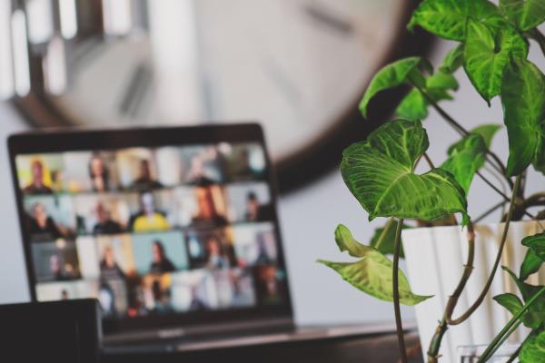 Ihmisiä tietokoneen näytöllä webinaarissa.