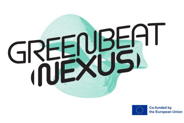 Logo, joss vihreä läiskä ja teksti GreenBeat Nexus, co-funded by the EU.
