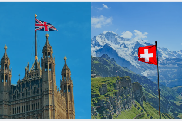 Till vänster Storbritanniens flagga, till höger Schweiz flagga.