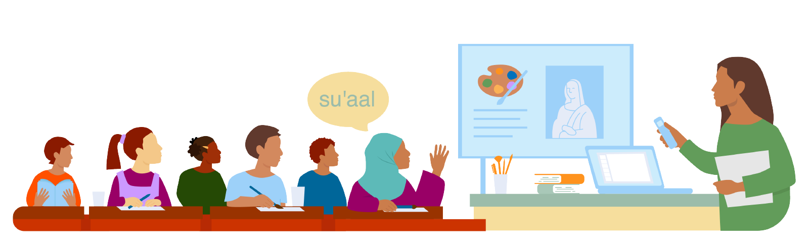 Illustration of teacher teaching a class of people with different backgrounds