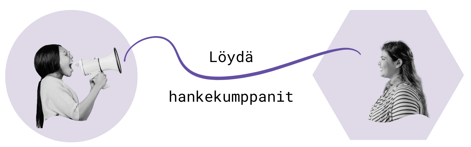 Kuvassa teksti Löydä hankekumppanit ja kaksi lilalla taustalla olevaa mustavalkoista hahmoa, joita yhdistää toisen megafonista lähtevä viiva.