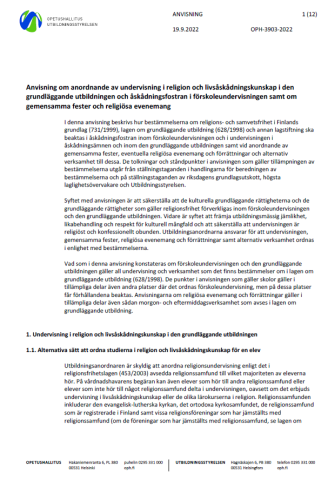 Anvisning om anordnande av undervisning i religion och livsåskådningskunskap, av åskådningsfostran samt av religiösa evenemang i förskoleundervisningen och den grundläggande utbildningen