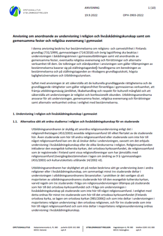 Anvisning om anordnande av undervisning i religion och livsåskådningskunskap samt om gemensamma fester och religiösa evenemang i gymnasiet
