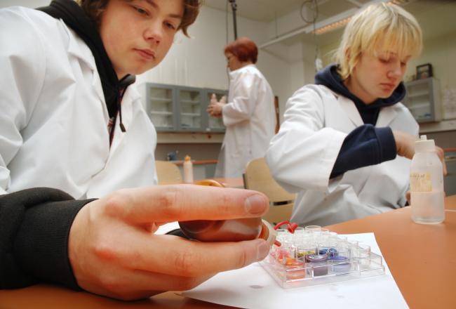 Pojat tekevät harjoitusta kemian tunnilla
