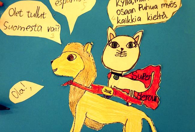 Oppilaiden piirtämät kielten sankarihahmot juttelevat osaamistaan kielistä