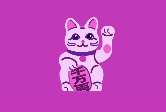 Yksinkertaisessa, purppurasävyisessä ja -taustaisessa piirroskuvassa on maneki-neko - onnenkissa.