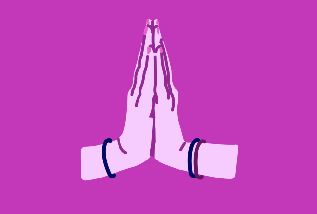 Yksinkertaisessa, purppurasävyisessä ja -taustaisessa piirroskuvassa kädet kohoavat Namaste-rukoukseen.
