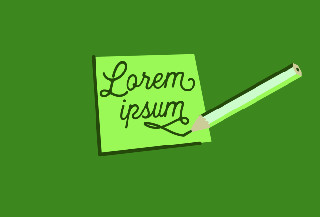 Yksinkertaisessa, vihreäsävyisessä ja -taustaisessa piirroskuvassa näkyy muistilappu ja kynä. Muistilapussa lukee koukeroisin kirjaimin: Lorem ipsum.