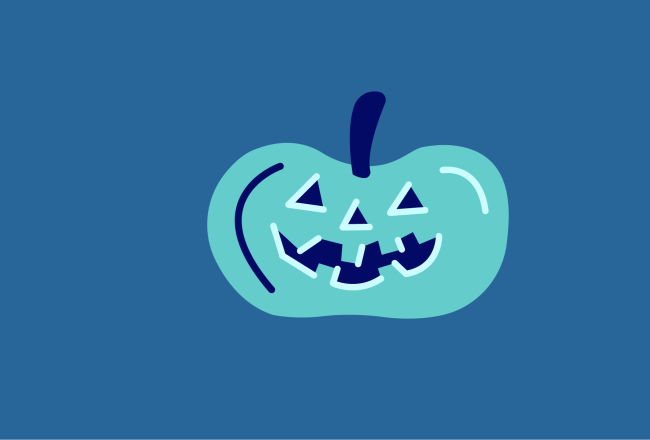 Yksinkertaisessa, sinisävyisessä ja -taustaisessa piirroskuvassa on Halloween-kurpitsa.