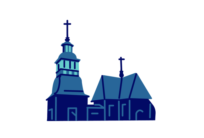 Yksinkertaisessa, sinisävyisessä piirroskuvassa on Petäjäveden vanha kirkko.