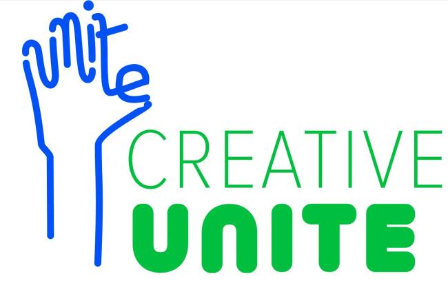 Logokuvassa piirretyt kämmenen ääriviivat, josta muodostuu teksti UNITE sekä erikseen teksti Creatives Unite.