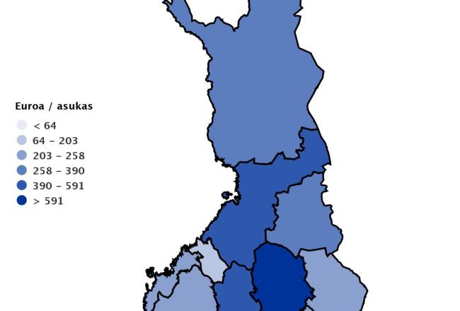 Suomen kartta, jossa eriväreillä näytetään, mille alueille on myönnetty minkäkin verran Erasmus+ -avustusta. Eniten rahoitusta on myönnetty Pohjois-Savoon.
