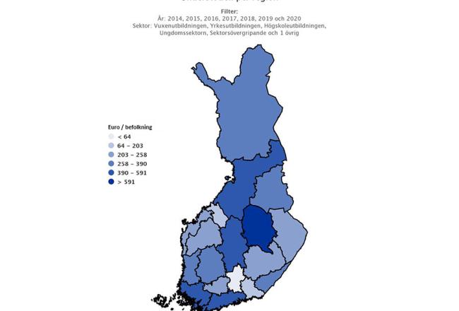 Karta över Finland, antalet Erasmus+ understöden per befolkning