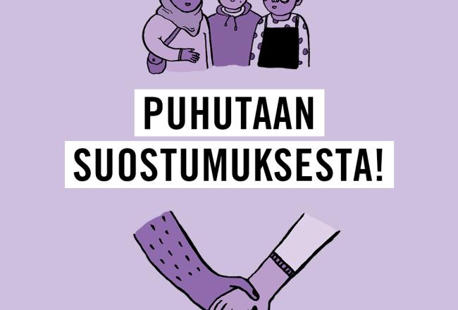 Puhutaan suostumuksesta! -oppaan violetinsävyinen kansikuva