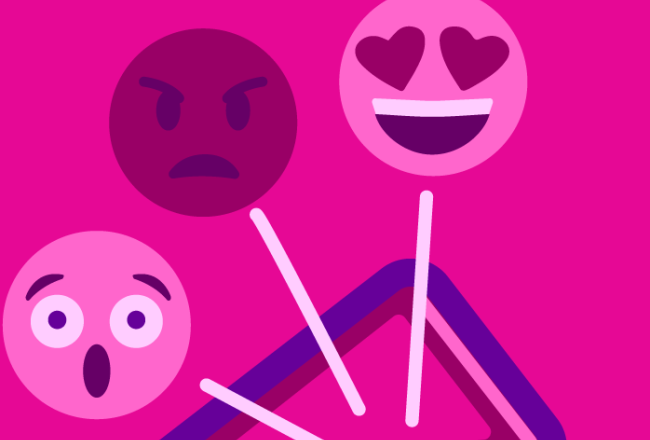 Purppurainen piirros emojeista pinkillä taustalla