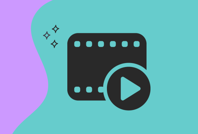 Kansikuva videomateriaaleista. Kuvassa on videonauhan symboli. Kuva on lilan ja sinivihreän sävyinen.