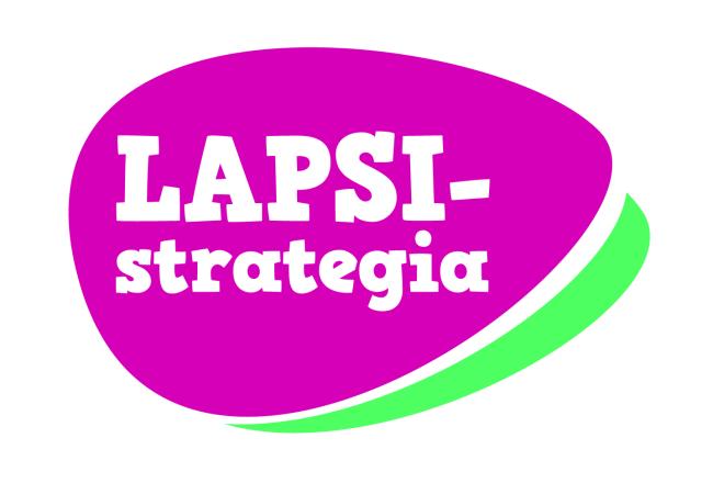 Lapsistrategian logo. Logossa lukee LAPSI-strategia violetilla ja vihreällä pohjalla.