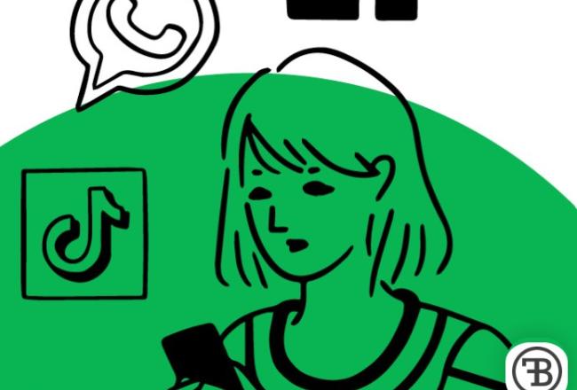 Vihreäsävyinen piirros nuoresta selailemassa somea. Nuoren ympärillä leijailee erilaisten somesovellusten ikoneja.