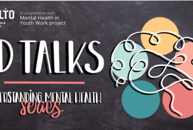 Against dark background bright elements and text ID talks Understanding Mental Health Seires