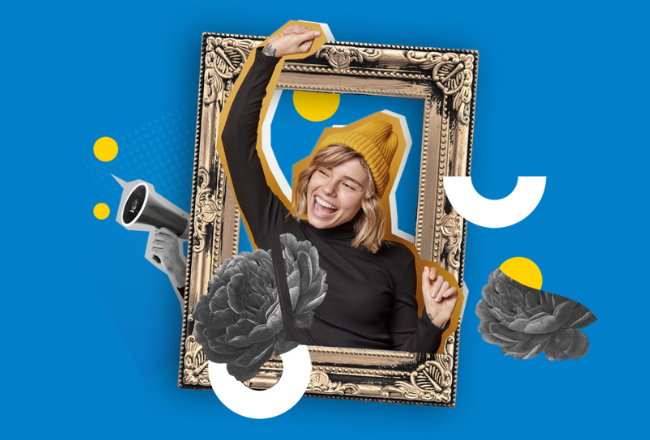 a picture of a frame with a happy young woman celebrating with salto logo elements on a blue background