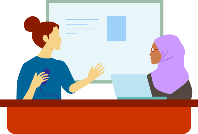 Illustration of two women, a teacher and a student,  discussing in front of a whiteboard
