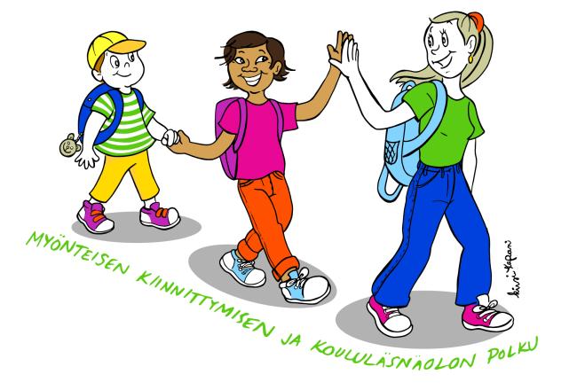 Piirretty kuva, jossa kolme eri ikäistä lasta seisoo jonossa ja pitää toisiaan käsistä kiinni. Maassa heidän jalkojensa juuressa lukee teksti myönteisen kiinnittymisen ja koululäsnäolon polku.