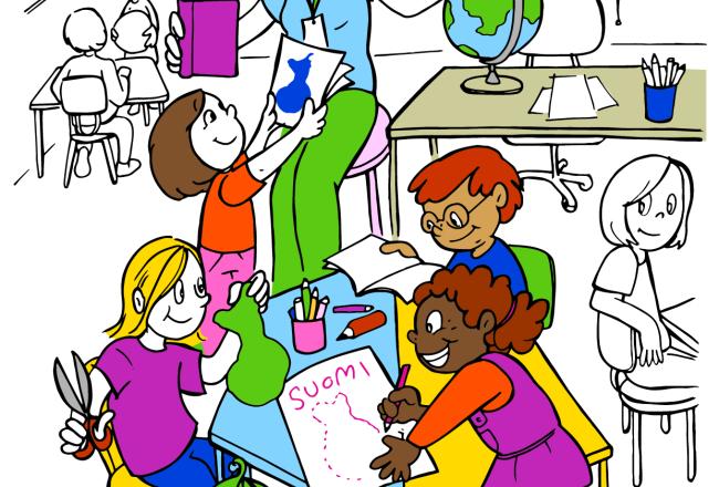Piirretty kuva, jossa joukko lapsia on maantiedon tunnilla luokkahuoneessa. Yksi lapsista näyttää paperiaan pöydän ääressä istuvalle opettajalle. Kuut lapset työskentelevät saman pöydän ääressä.