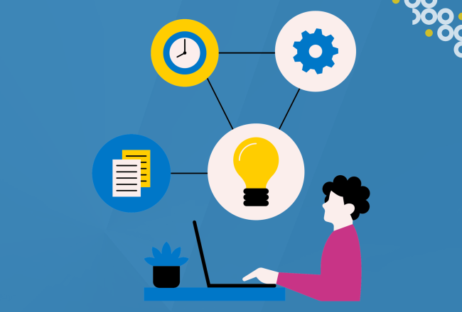 An illustration of a person on a laptop and connected symbols