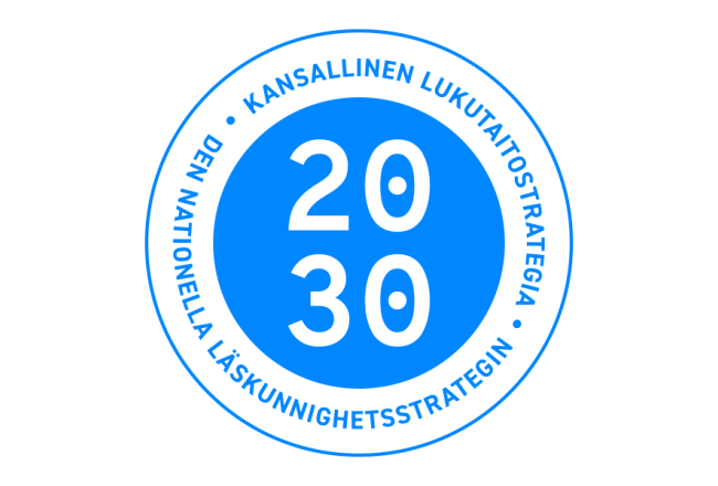 Lukutaitostrategian logo / logon av läskunnighetsstrategin.