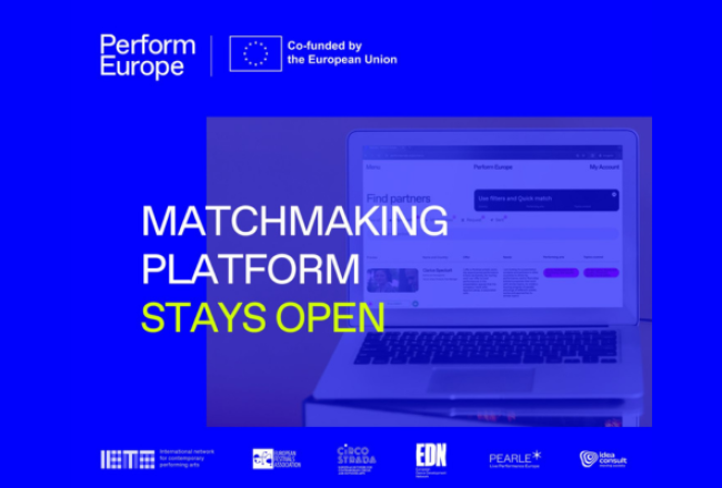 Kuvassa kannettava tietokone ja sininen tausta sekä teksti Perform Europe matcmaking platform stays open