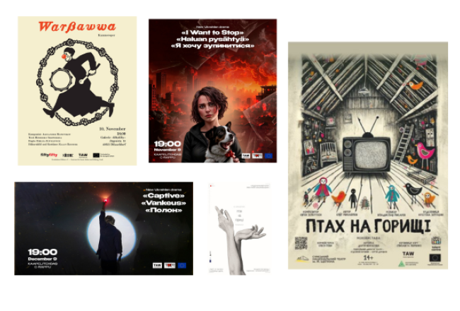 Teatterijulisteita eri maista kollaasissa.