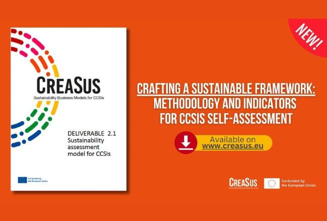Kuva raportin kannesta ja teksti CreaSus - Crafting a sustainable framework: methodology and indicators for CCSIS self-assesment