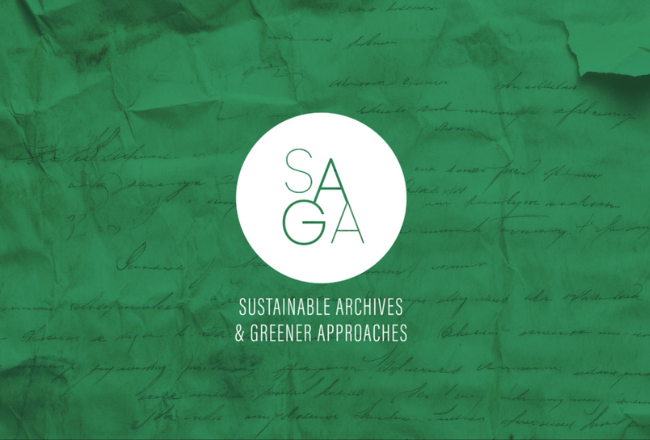 Kuvassa vanha tekstidokumentti ja sen päällä teksti SAGA - Sustainable Archives and Greener Approaches
