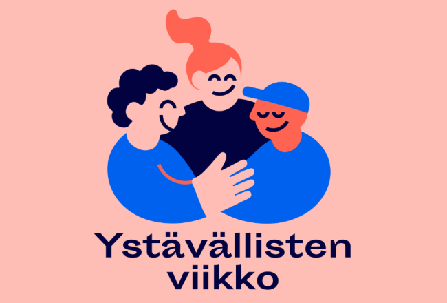 Kuvassa lukee Ystävällisten viikko, minkä yläpuolella kampanjan tunnuskuvassa kolme hymyilevää hahmoa halaa toisiaan. 