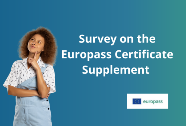 A blue-green gradient background with a thinking woman on the bottom left corner. A Europass logo is on the bottom right corner. In the middle of the picture is a text that says "Survey on the Europass Certificate Supplement".