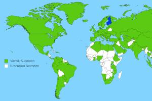 Kartta maista, josta on käyty Suomessa koulutusaiheisella vierailulla vuorsna 2004-2019. Vieraita on tullut lähes kaikista Euroopan, Aasian ja Amerikan maista sekä Australiasta ja muutamista Afrikan maista.
