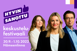 Hyvin sanottu -keskustelufestivaalin posterissa on neljä keskustelijaa.
