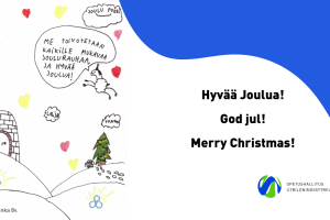 Opetushallituksen joulukortti, jossa on jouluinen lapsen piirtämä kuva ja hyvän joulun toivotukset suomeksi, ruotsiksi ja englanniksi.