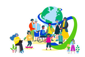 Kuvitus, jossa ihmiset seisovat yhdessä maapallon edessä. En illustration där människor står tillsammans framför en jordglob. An illustration showing people gathered in front of a globe