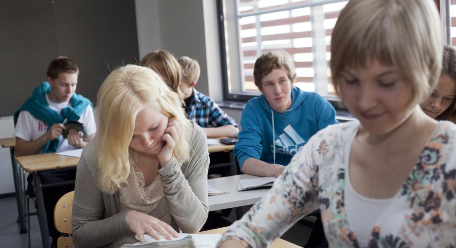 Opiskelijat istuvat luokassa pulpetin ääressä