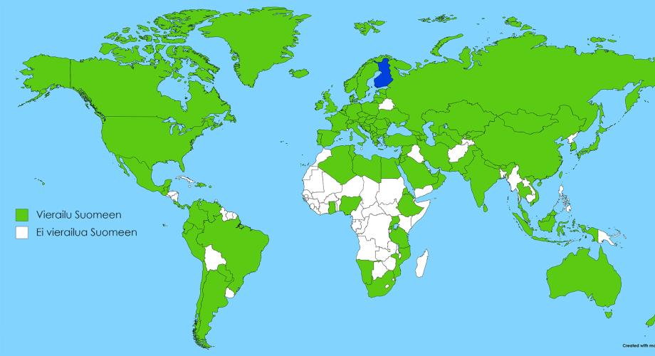 Kartta maista, josta on käyty Suomessa koulutusaiheisella vierailulla vuorsna 2004-2019. Vieraita on tullut lähes kaikista Euroopan, Aasian ja Amerikan maista sekä Australiasta ja muutamista Afrikan maista.