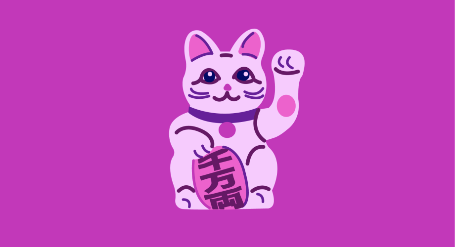 Yksinkertaisessa, purppurasävyisessä ja -taustaisessa piirroskuvassa on maneki-neko - onnenkissa.