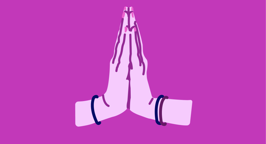 Yksinkertaisessa, purppurasävyisessä ja -taustaisessa piirroskuvassa kädet kohoavat Namaste-rukoukseen.