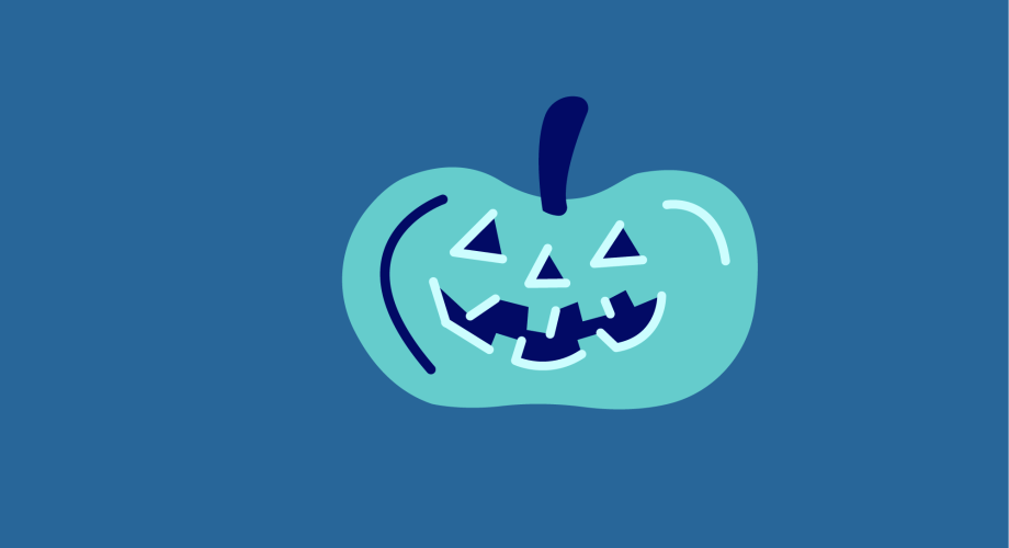 Yksinkertaisessa, sinisävyisessä ja -taustaisessa piirroskuvassa on Halloween-kurpitsa.