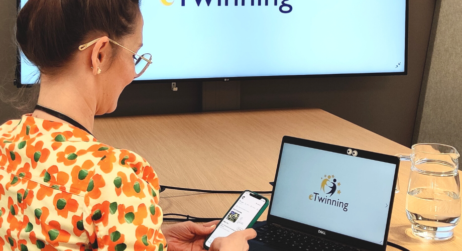 Henkilö, joka selaa puhelinta. Kuvassa eTwinning-logo.
