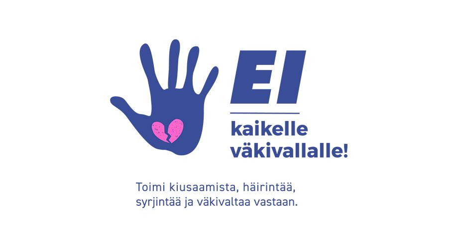 Ei kaikelle väkivallalle -tunnus, jossa on kuva piirretystä kädestä, jonka sisällä on haljennut sydän.